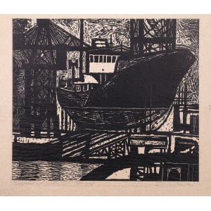 KARŁOWSKI Lech Eustachy (1927-1975) - Trawler on the slipway. Linocut