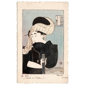[UTAMARO Kitagawa, copy] Hand-painted postcard stylized as a Japanese woodcut from the late 19th/early 20th century.