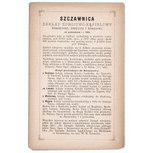 Szczawnica. Zakład zdrojowo-kąpielowy klimatyczny, żentyczny i kumysowy. 1886