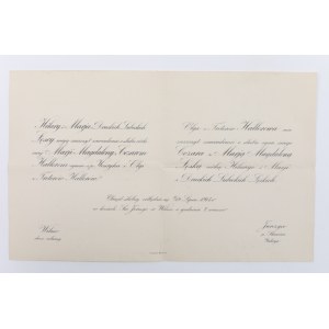 [Wedding Invitation - Vilna - HALLER Cezary] Hilary and Marja of Drucki Lubecki Leski have the honor to announce the marriage of their daughter Marja Magdalena to Cezar Haller son of the late Henryk and Olga of Treter Haller. Vilna 1914.