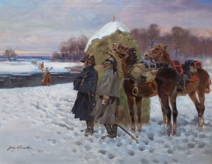 Jerzy Kossak (1886 Kraków - 1955 there), Napoleon's crossing of the river, 1934.