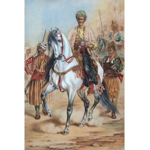 Turecký podporučík obklopený bojovníkmi, 2. polovica 19. storočia.