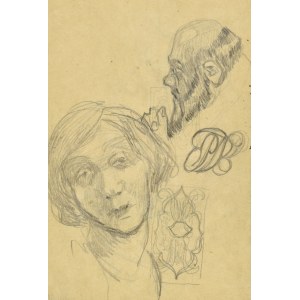 Stanisław KAMOCKI (1875-1944), Szkice różne: studium portretowe kobiety, profil zakonnika, winieta, monogram wiązany SK