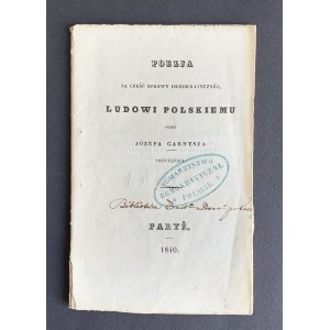 [Great Emigration] Garnysz Joseph - Poetry in honor of the democratic cause, to the Polish people. Paris [1840].
