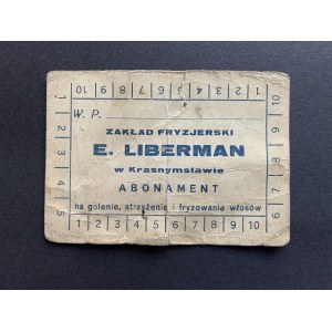 Subscription to the E.LIBERMAN barber shop in Kransy[m]staw (Krasnystaw) [1940].