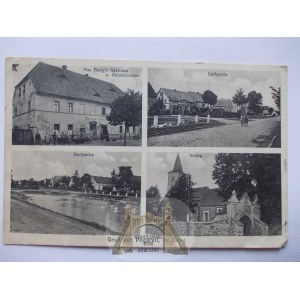 Pogorzela u Brzegu, ulice, hostinec, kostel, asi 1920