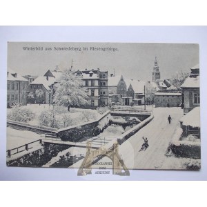 Kowary, Schmiedeberg, Straße im Winter, ca. 1914