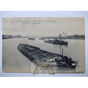 Cigacice near Sulechów, Odra River, barge, tugboat, ca. 1920