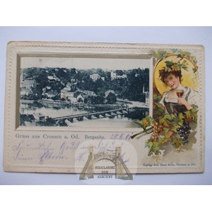 Krosno Odrzańskie, Crossen a. d. Oder, piękny gruss, secesja, tłoczona, 1901
