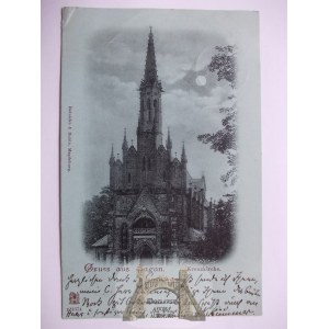Żagań, Sagan, kostel Svatého Kříže, měsíční svit, 1899