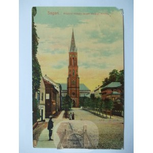 Żagań, Sagan, Straße und Kirche, 1911