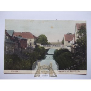 Drawsko, Dramburg, Flussufer, Brücke, ca. 1908