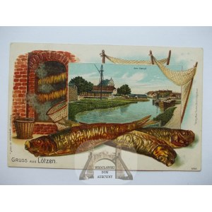 Gizycko, Lotzen, interessante Lithographie, geprägter Fisch, ca. 1900