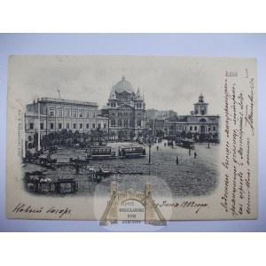 Lodž, Nový trh, tramvaj, nakladatelství Wilkoszewski, 1902