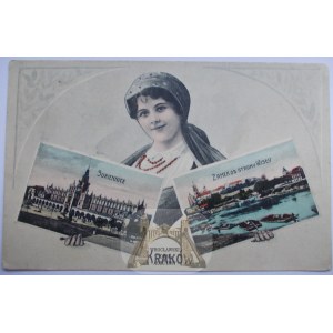 Krakov, 2 pohledy, Sukiennice, Wawel, žena, koláž 1913