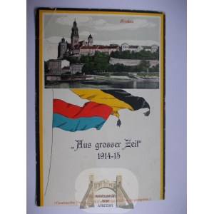 Krakov, hrad Wawel, vlajky, koláž, první válka, pohlednice, 1915