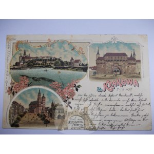 Krakov, hrad Wawel, Rynek, litografie, 1899