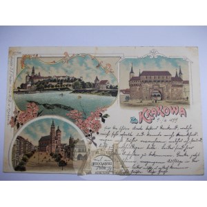 Krakov, hrad Wawel, trhové námestie, litografia, 1899