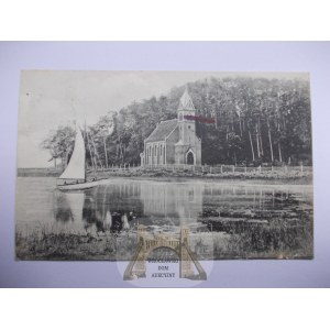 Lithuania, Klaipeda, Memel, Juodkrantė, Schwarzort, church, sailboat, 1911