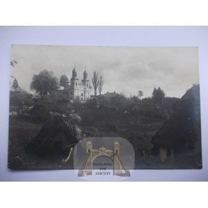 Ukrajina, Germakivka pri Boršove, Ternopil, kostol, chalupy, asi 1915