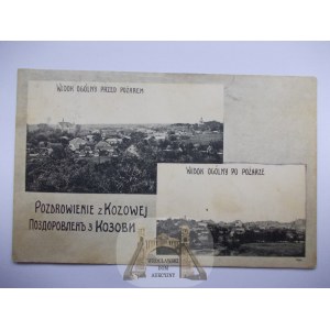 Ukraine, Kozova, 2 Ansichten, vor und nach dem Brand, 1909