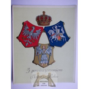 Patriotic, Hadziacka Union, coat of arms, chase, White Eagle, Archangel, New Year's wishes,gilt lithograph circa 1900.