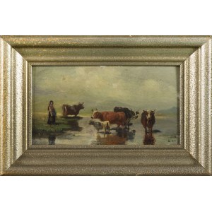 Artist UNKNOWN, Cows at the watering hole