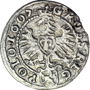 R-, Zikmund III Vasa, Grosz Kraków 1607, Lewart na rubu, vzácný