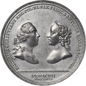 August III. saský, svadobná medaila princa Fridricha Kristiána a Antoníny Bavorskej z roku 1747