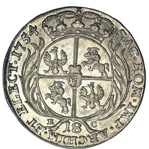 August III Sas, Ort 1754, Lipsk, owalna tarcza herbowa, piękny