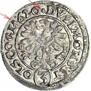 Silesia, Henry Wenceslas and Charles Frederick, 3 krajcars 1620 BH, Olesnica, small A, asterisk