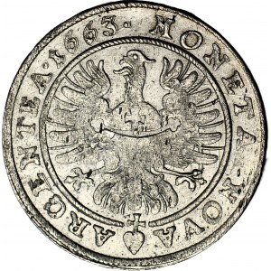 RR-, Śląsk, Chrystian Wołowski, 15 krajcarów 1663, BRZEG, nietypowe wizerunki władcy i orła, WYŚMIENITE