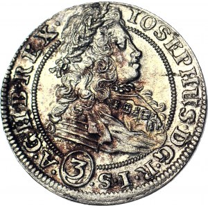 Slezsko, Joseph I, 3 krajcars 1705 FN, Wrocław, krásný