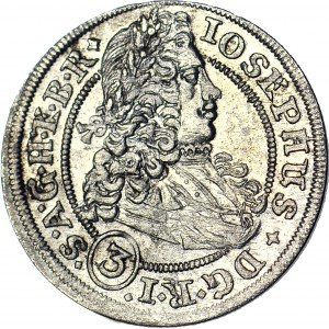 Slezsko, Joseph I, 3 krajcars 1706 FN, Wrocław, AU/DUX, RI/SA, krásný