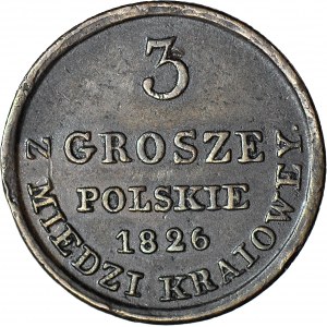 Królestwo Polskie, 3 grosze 1826 IB, z MIEDZI KRAIOWEY