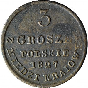 Polské království, 3 groše 1827 IB, z KRAJINSKÉ MĚDI, pěkné