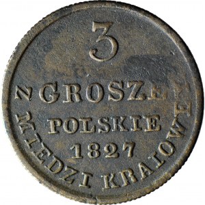 Królestwo Polskie, 3 grosze 1827 IB, z MIEDZI KRAIOWEY, ładne
