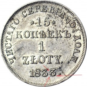 RR-, 1 złoty = 15 kopiejek 1832/3,przebitka daty Petersburg