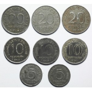Kingdom of Poland, Set of eight coins: 20 pfennigs + 10 pfennigs + 5 pfennigs