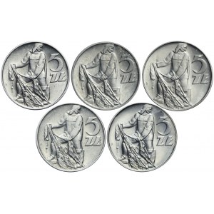 Zestaw pięciu monet 5 złotych Rybak (1958-1973), piękne