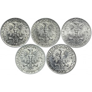 Zestaw pięciu monet 5 złotych Rybak (1958-1973), piękne