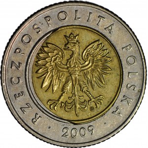 R-, 5 złotych 2009, DESTRUKT, rozlany rdzeń na rewersie