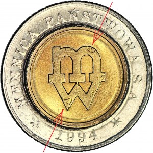 5 złotych 1994, Warszawa, PRÓBA TŁOCZENIA, monogram, destrukt DUCH