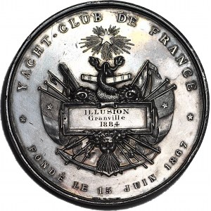 RR-, Francja, Medal 1884, Yacht club de France dla jachtu Illusion, SREBRO 150 gram, 58mm