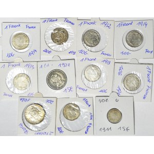 Francja, zestaw 10 szt. monet frankowych 1911-1927