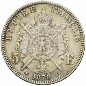 Francja, Napoleon III, 5 franków 1870 A, Paryż, ładne