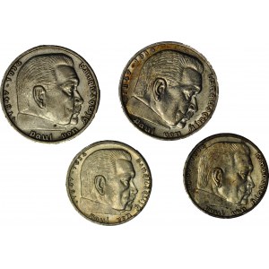 Niemcy, zestaw 4 szt. monet 5 i 2 marki 1937-39 Hindenburg