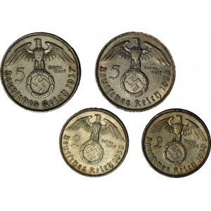 Niemcy, zestaw 4 szt. monet 5 i 2 marki 1937-39 Hindenburg