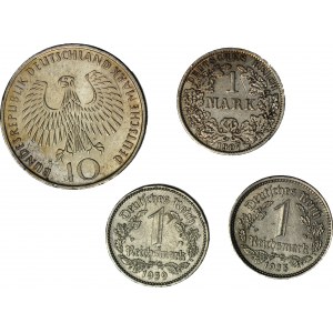 Niemcy, zestaw 4 szt. monet, 10 marek 1972, 1 marka 1907, 1935, 1939