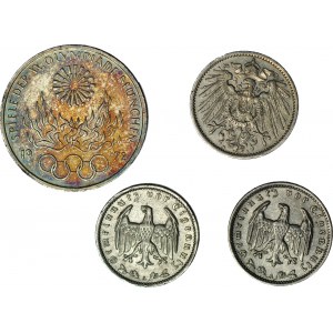 Niemcy, zestaw 4 szt. monet, 10 marek 1972, 1 marka 1907, 1935, 1939